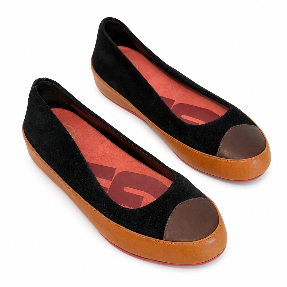FitFlop Due Black Suede Tan Leather Cap Toe Ballet Flats Women's EUR 39